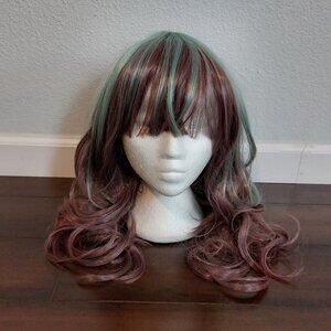 Long Brown and Mint Wavy Lolita EGL Wig with blunt bangs